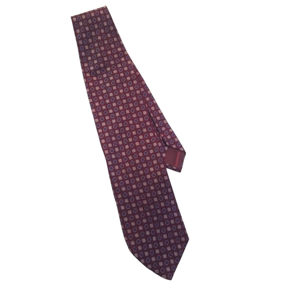 Giorgio Armani Cravatte Tie Wine Red Pattern Square Circle Blue Gold